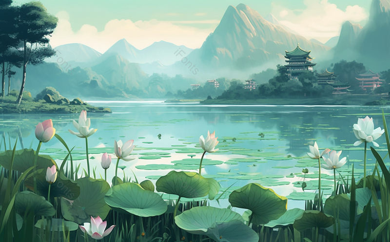 国潮风荷花绿色中国风夏季插画背景素材,插画/手绘图,插画/手绘图库,插画/手绘图下载,插画/手绘